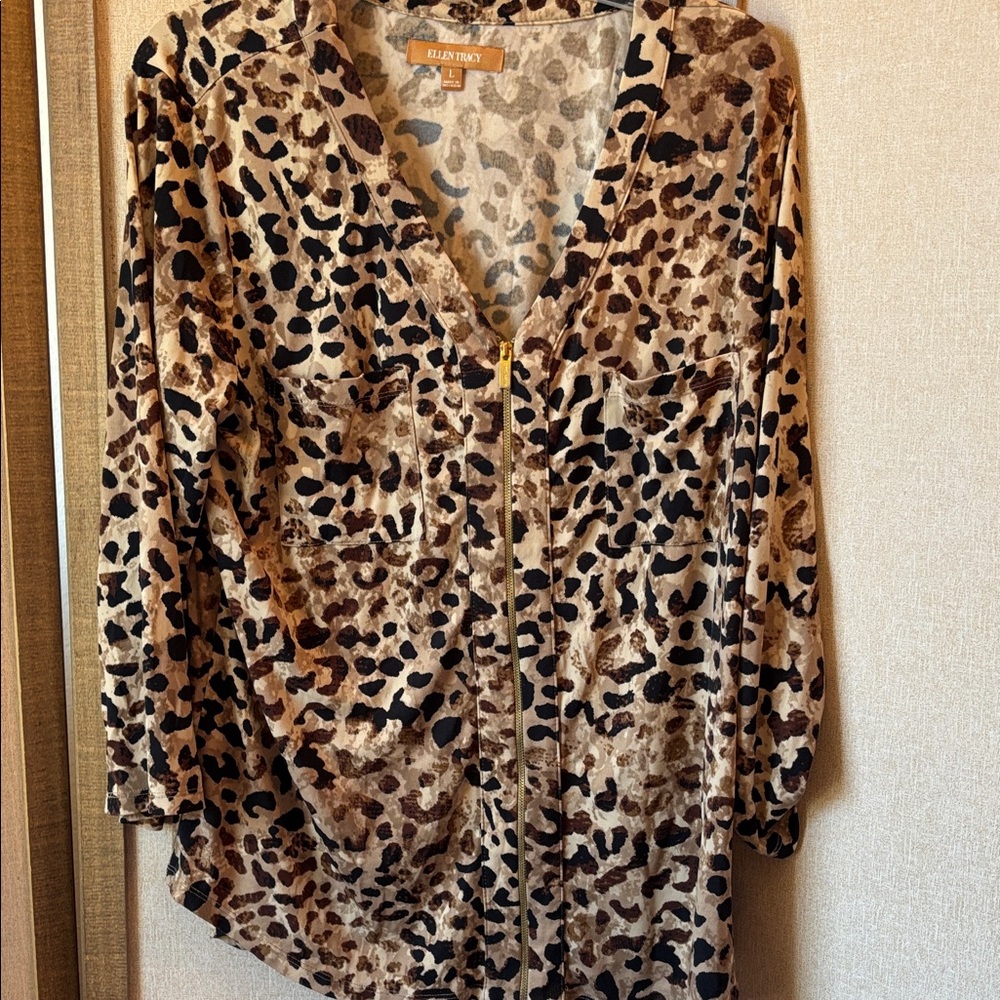 Ellen Tracy Brown and Black Animal Print Blouse large